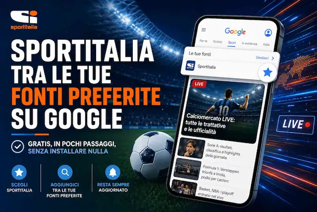 Banner blu di Sportitalia con invito ad aggiungere il sito alle Fonti Preferite di Google